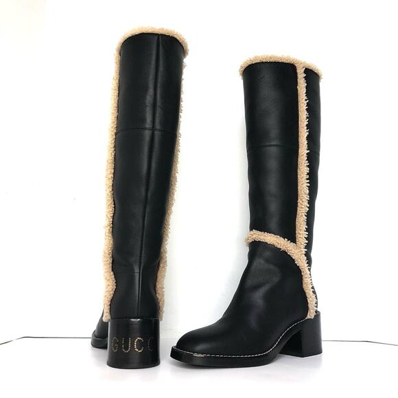 Gucci Shoes - Gucci Shearling Trim Black Leather Knee High Pull On Riding Boots 37